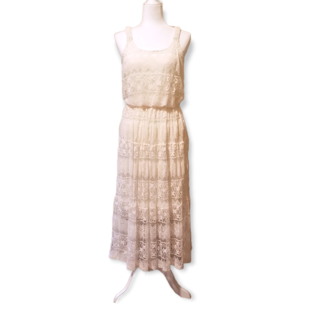 Lace sleeveless lined midi dress cream medium